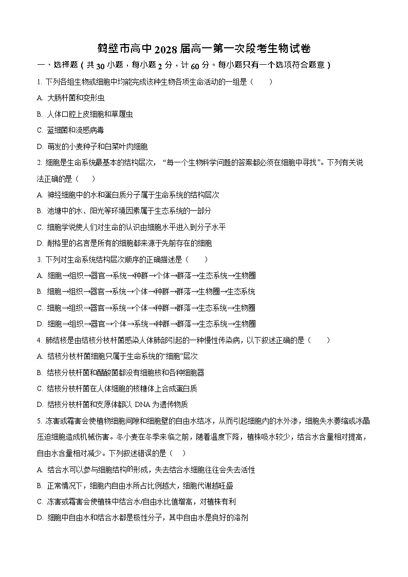 河南省鹤壁市高中2025-2026学年高一上学期第一次月考生物试卷第1页