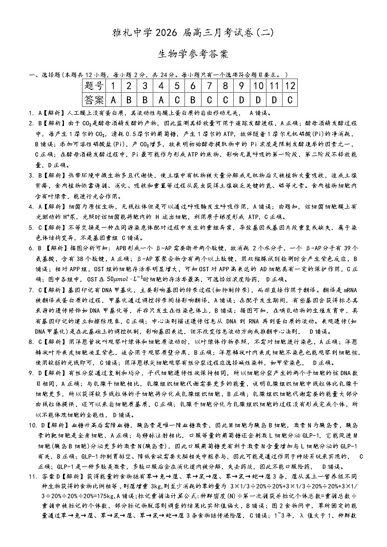 炎德·英才大联考雅礼中学2026届高三月考试卷（二）生物答案第1页