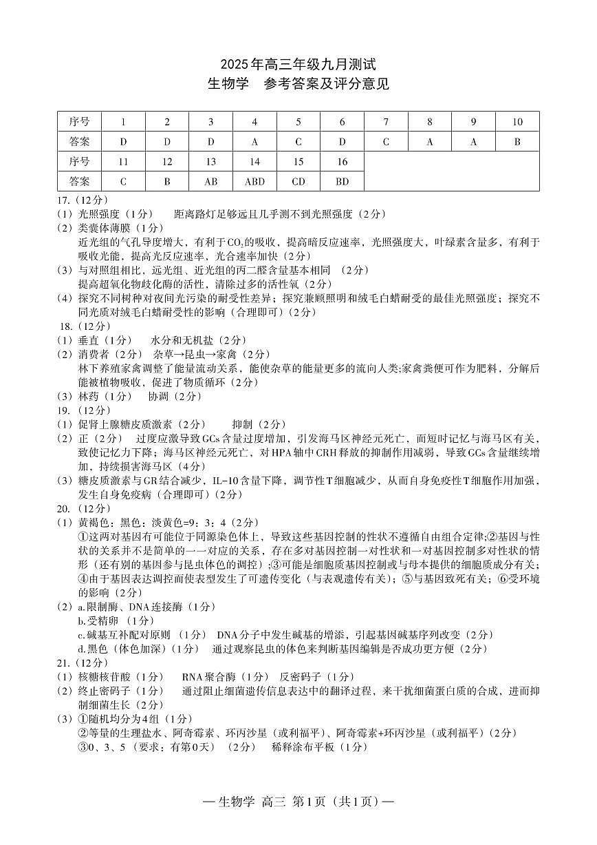 江西省南昌市2025年高三上学期九月测试生物试卷答案第1页