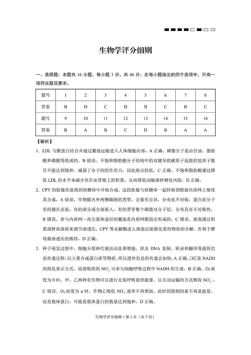 贵阳市第一中学2026届高考适应性月考卷（一）生物答案第1页