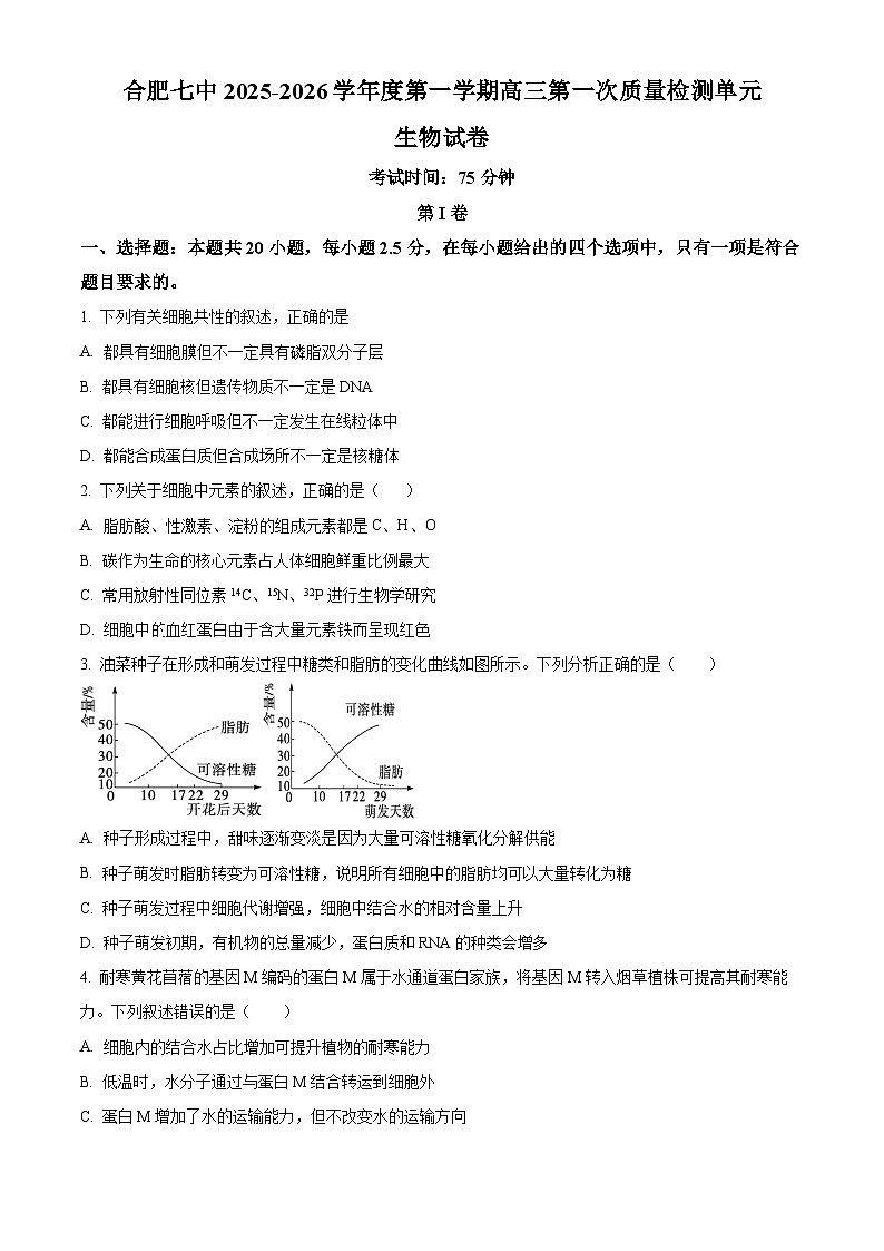 安徽省合肥市第七中学2025-2026学年高三上学期第一次质量检测生物试题  Word版无答案第1页