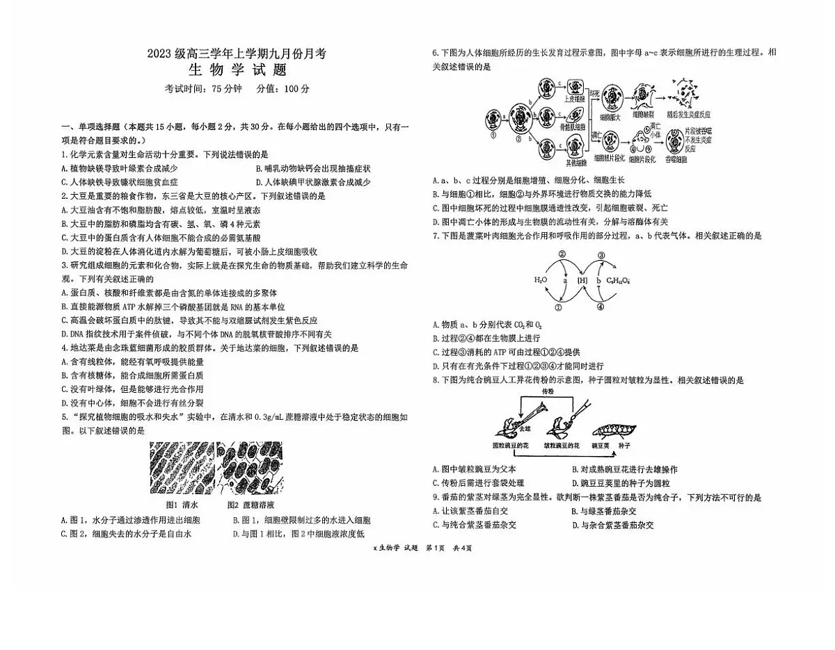 黑龙江省牡丹江市第一高级中学2026届高三上学期9月月考+生物第1页