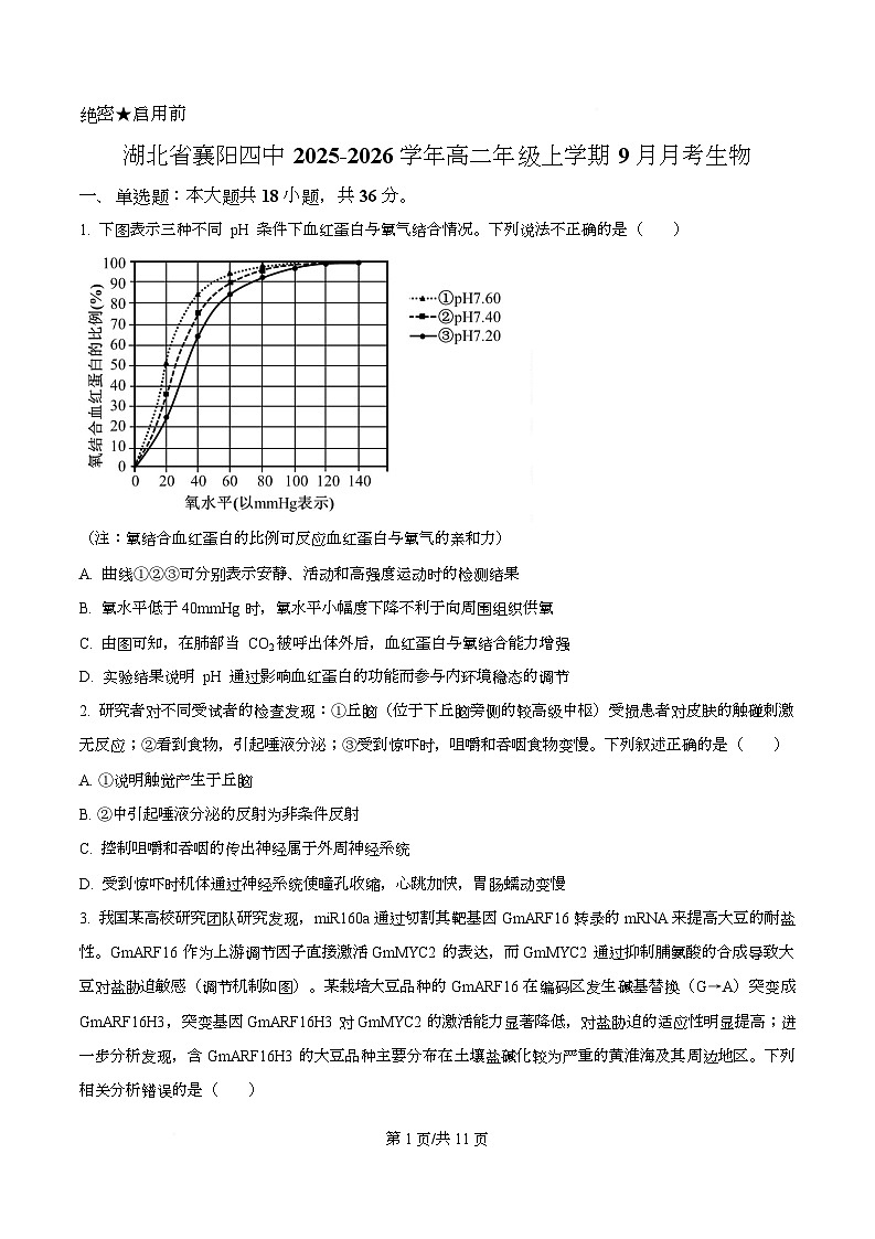 湖北省襄阳市第四中学2025-2026学年高二上学期9月月考生物试题无答案第1页