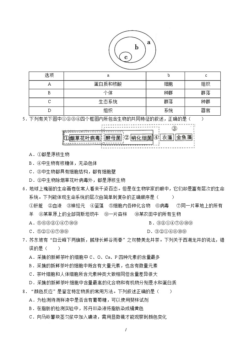 高一生物上学期第一次月考【测试范围：人教版2019必修1第1第1章~第2章】（安徽专用）（考试版）第2页