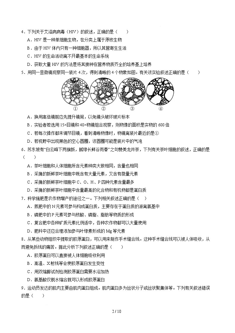 高一生物第一次月考卷【测试范围：人教版2019必修1第1章~第3章】（考试版）第2页