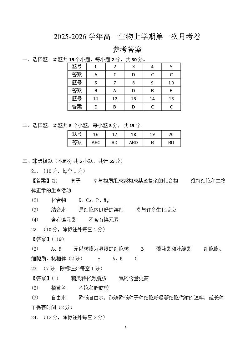高一生物第一次月考卷不定项（参考答案）（人教版2019）第1页