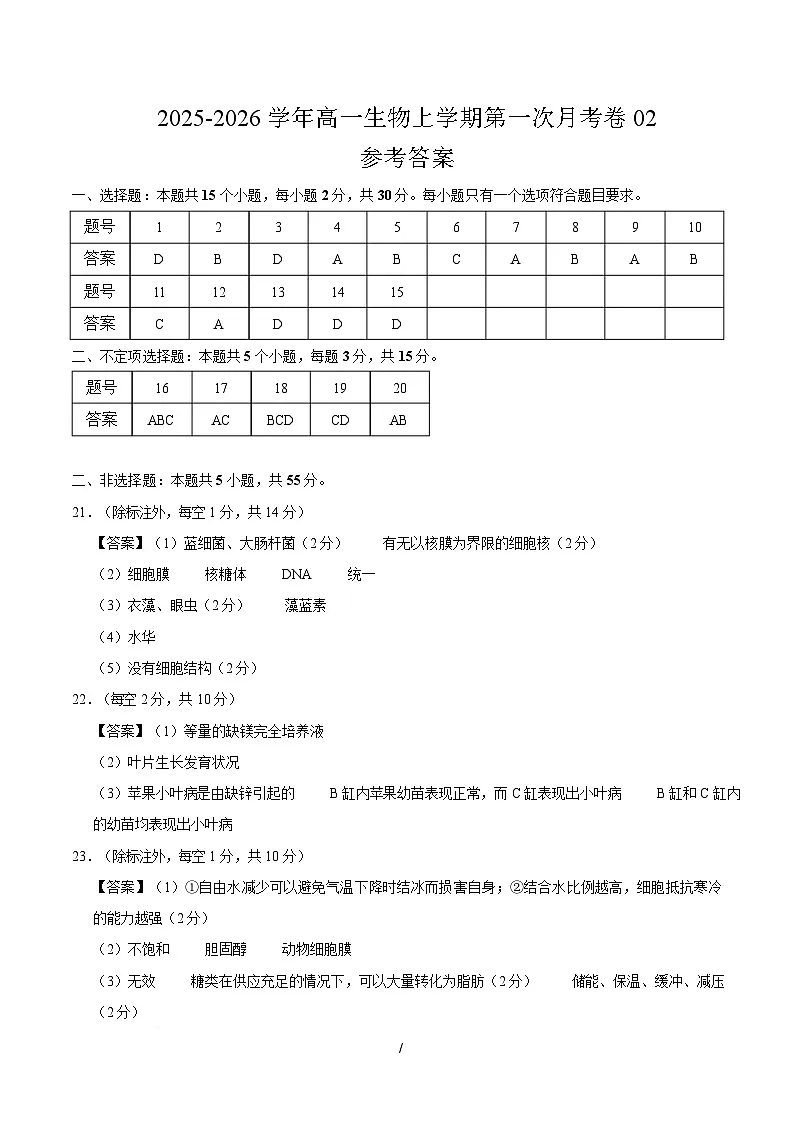 高一生物上学期第一次月考02（参考答案）（人教版2019）第1页