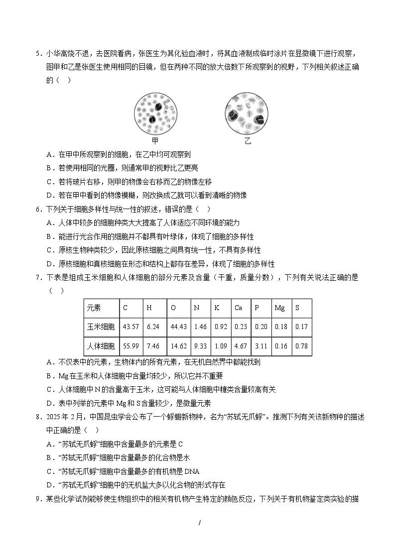 高一生物上学期第一次月考02【测试范围：必修1第1章-第2章第4节】（考试版）（人教版2019）第2页