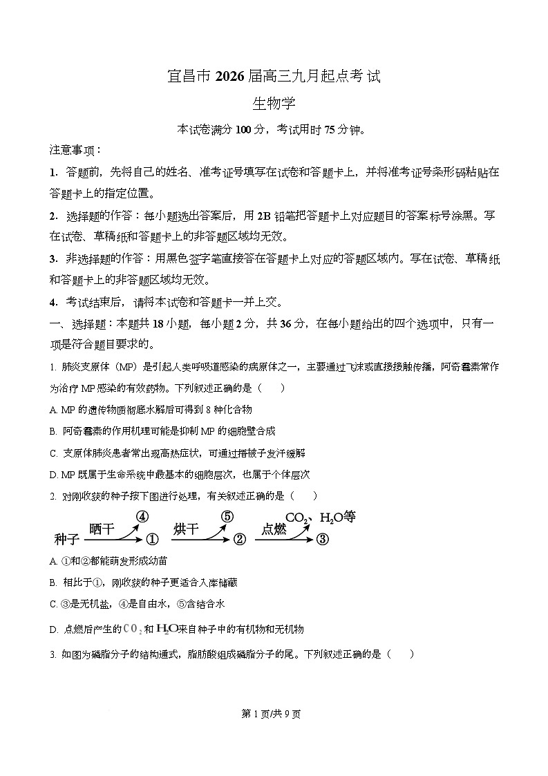 湖北省宜昌市2026届高三上学期9月起点考试生物试题 Word版无答案第1页