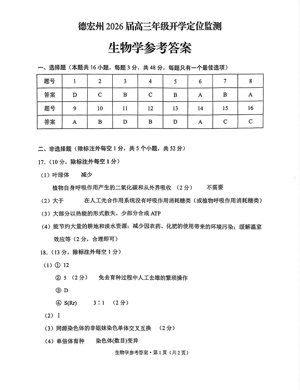 德宏州2026届高三年级开学定位监测生物答案第1页