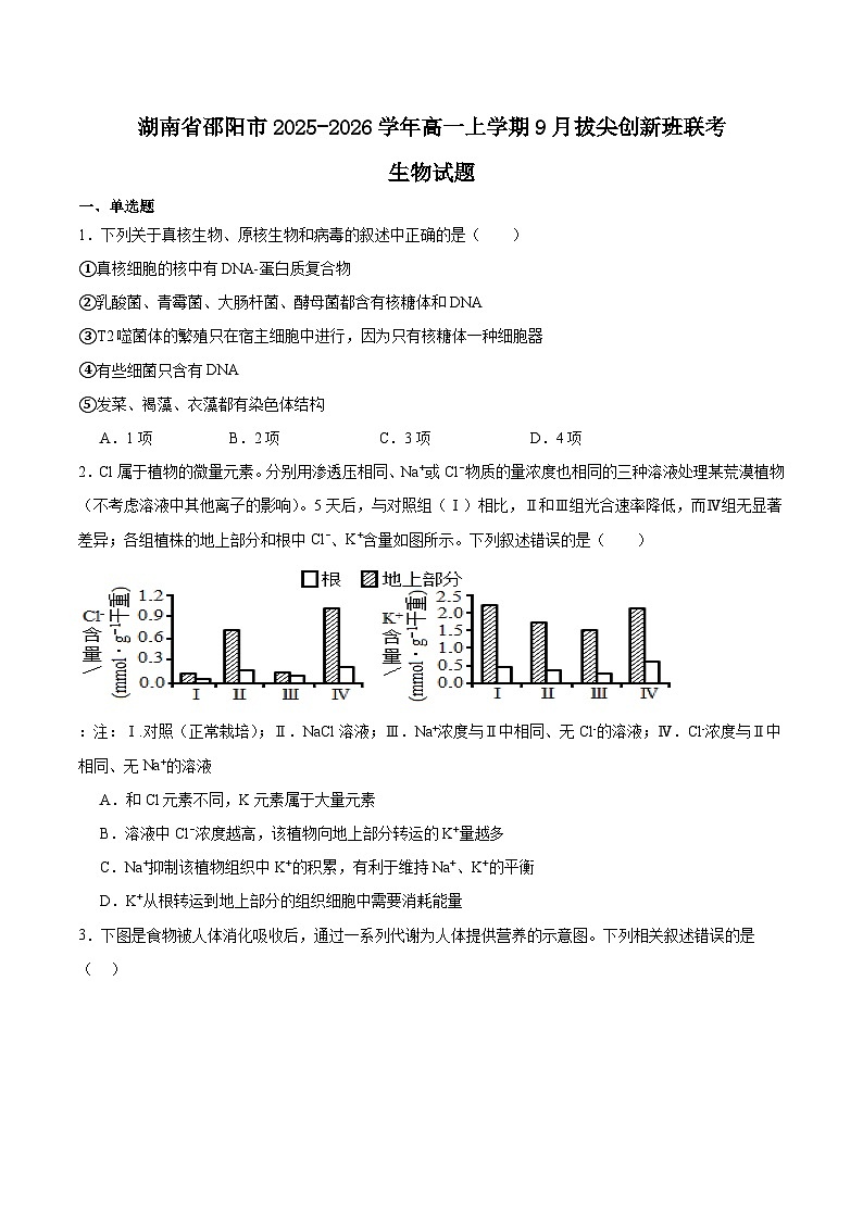 2026邵阳高一上学期9月拔尖创新班联考试题生物含答案第1页