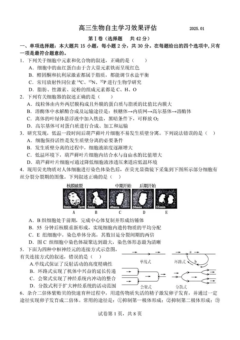 江苏省扬州中学2025届高三上学期1月月考生物试题（含答案）第1页