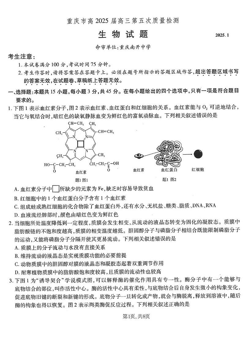 重庆市南开中学高2025届高三上学期第五次质量检测生物试题（含答案）第1页