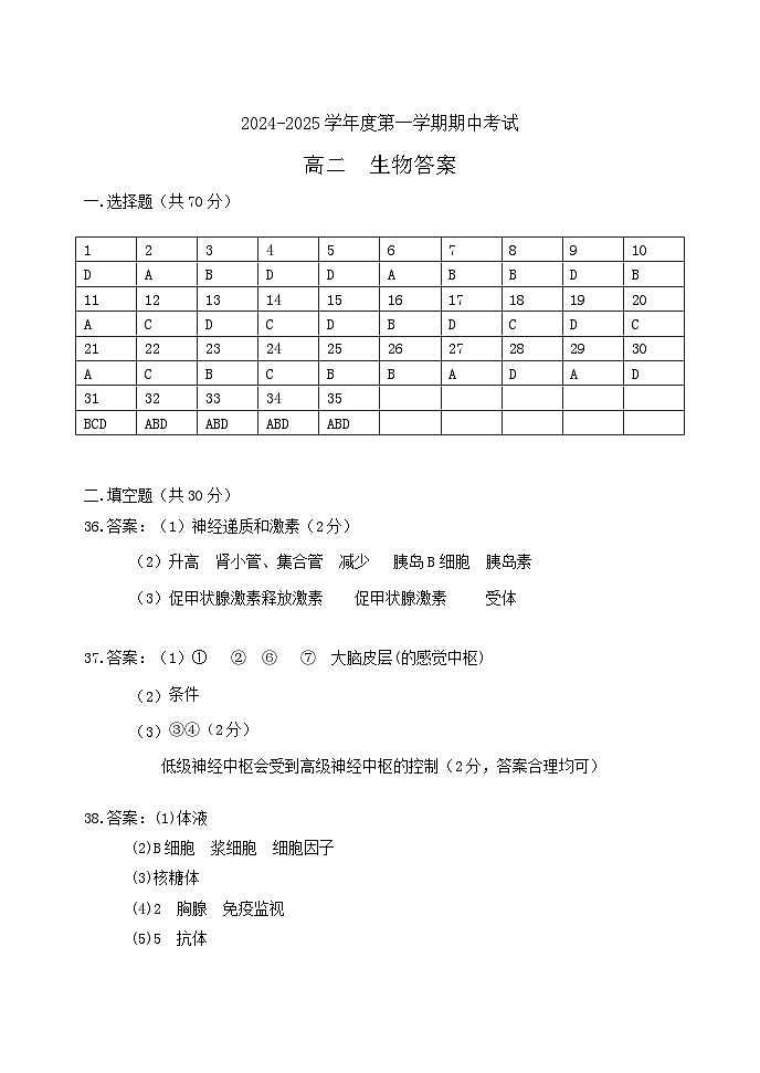 高二学年期中考试生物答案第1页