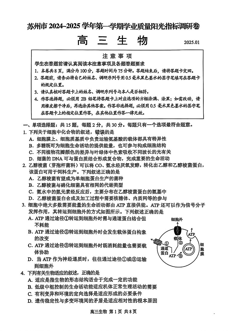 江苏省苏州市2025届高三上学期1月期末阳光指标调研卷-生物试卷（含答案）第1页