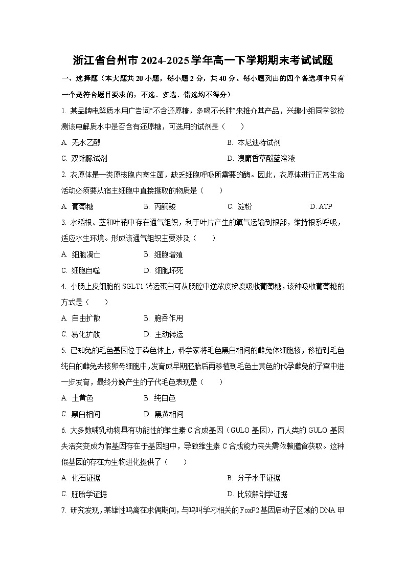 【生物】浙江省台州市2024-2025学年高一下学期期末考试试题（学生版）第1页