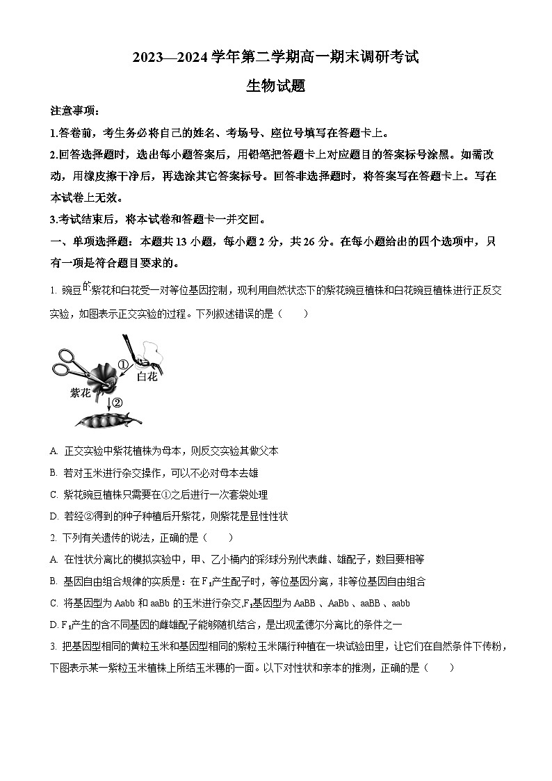 河北省保定市2023-2024学年高一下学期期末调研考试生物试题第1页