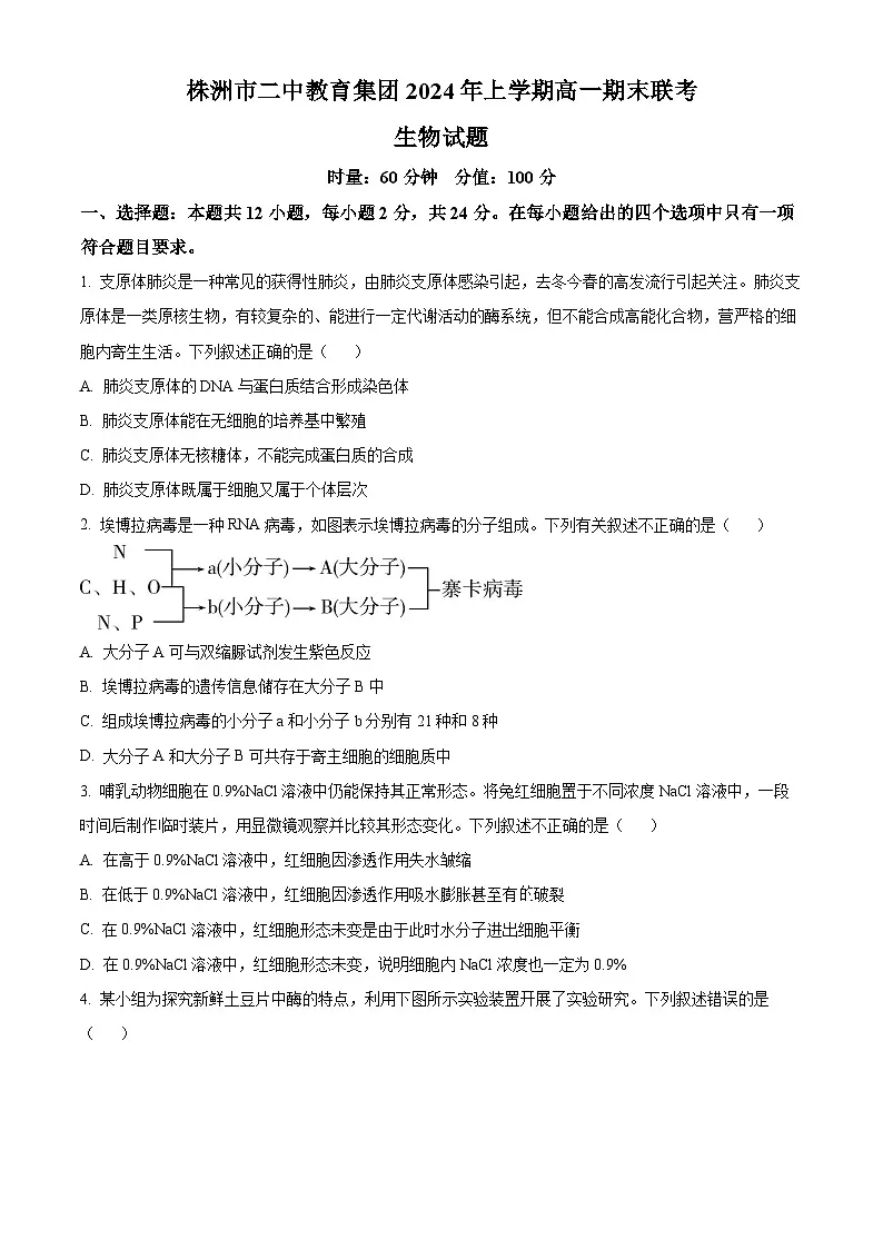 湖南省株洲市天元区株洲市二中教育集团株洲市第二中学2023-2024学年高一下学期期末联考生物试题第1页