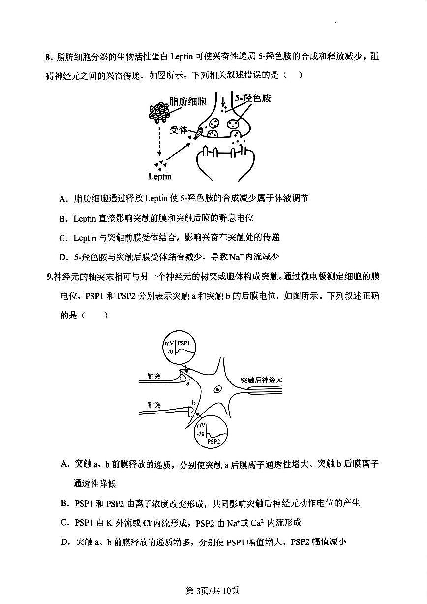 河南省实验中学2025-2026学年高二上学期第一次月考生物试卷及答案第3页