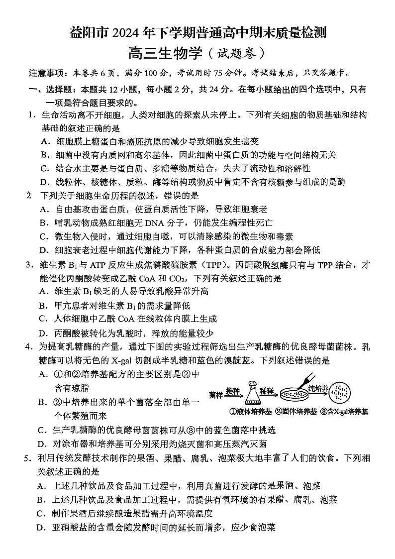 湖南省益阳市2024届高三上学期期末质量检测-生物试题（含答案）第1页