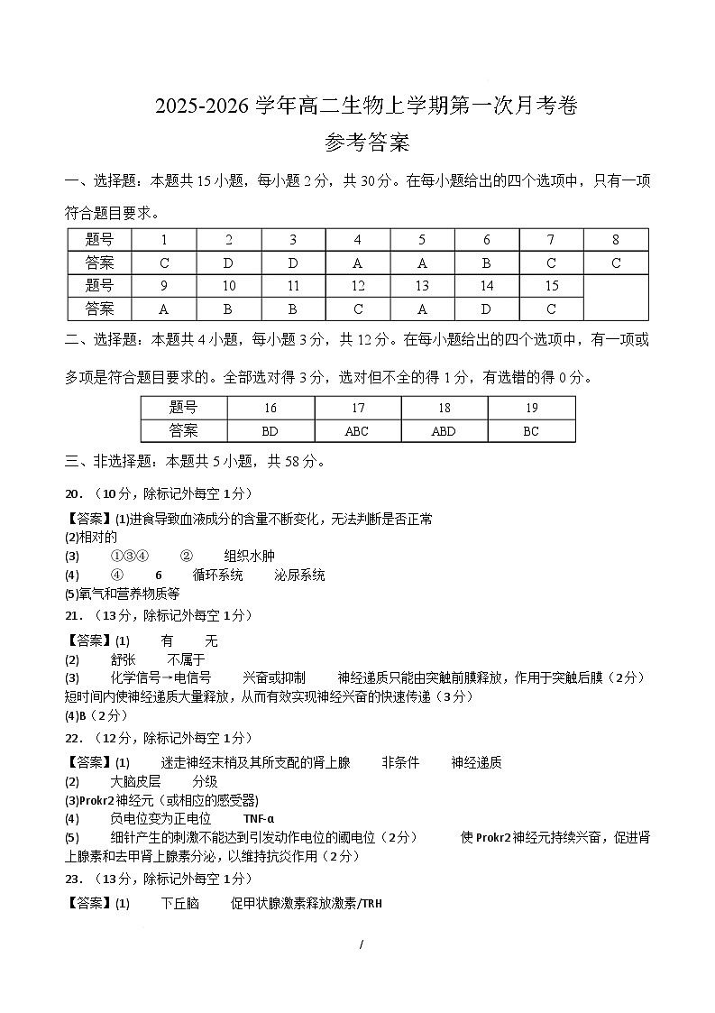 高二生物上学期第一次月考卷（参考答案）（苏教版2019）第1页