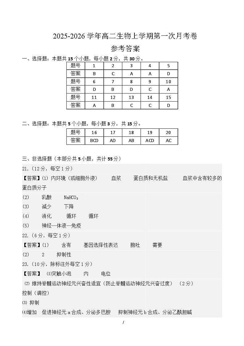 高二生物第一次月考卷多选题版（参考答案）（人教版2019）第1页