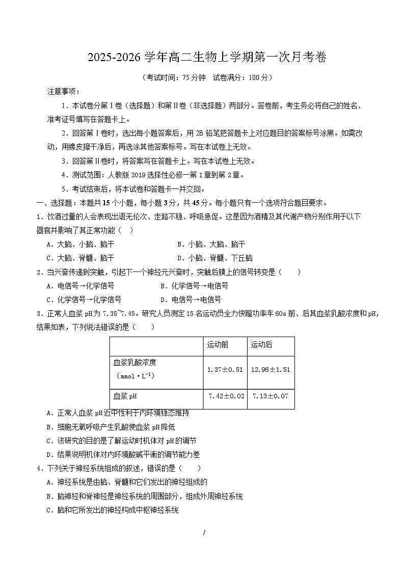 高二生物第一次月考卷单选版【测试范围：人教版2019选择性必修1第1章~第2章】（考试版）第1页