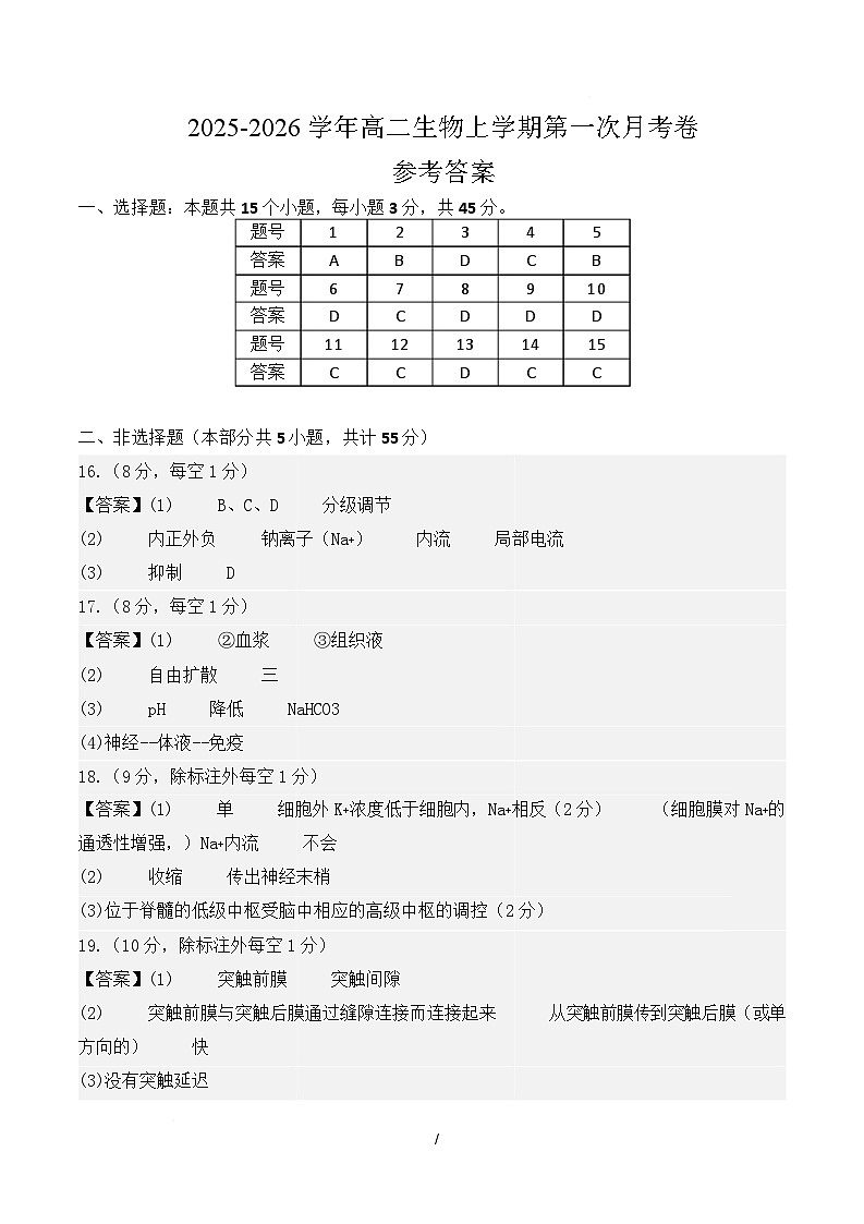 高二生物第一次月考卷单选版（参考答案）（人教版2019）第1页