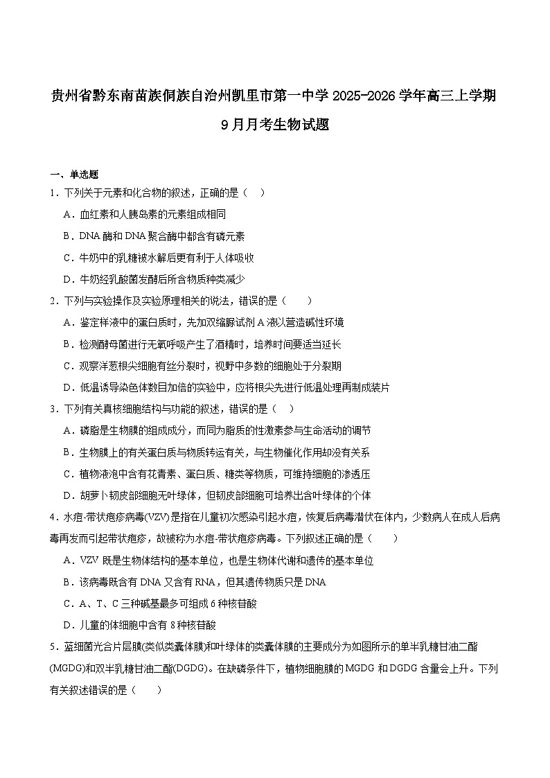 2026凯里一中高三上学期9月月考试题生物含答案第1页