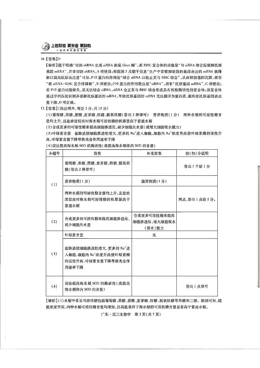 广东高三10月上进联考生物答案第3页