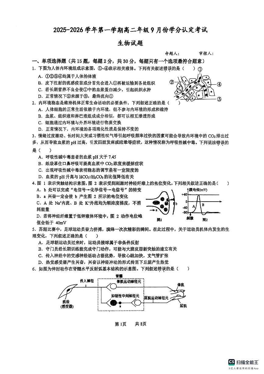 江苏省连云港市东海县江苏省东海高级中学2025-2026学年高二上学期10月月考生物试题第1页