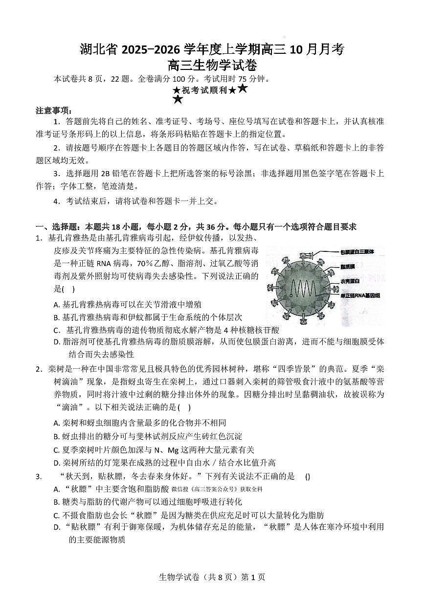 【新八校】高三生物试卷第1页