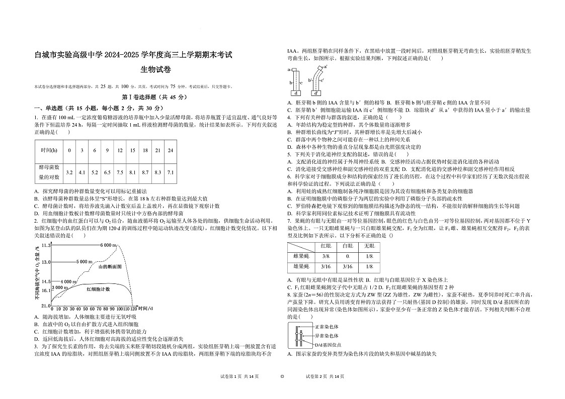 吉林省白城市实验高级中学2025届高三上学期1月期末考试-生物试题（含答案）第1页