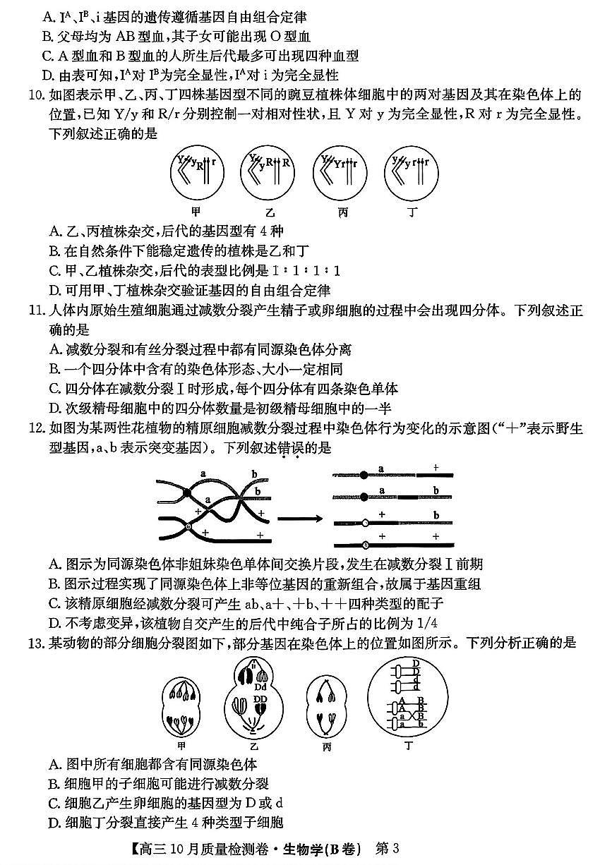 山西三晋卓越联盟2025-2026高三上学期10月质量检测生物B卷试题及答案第3页