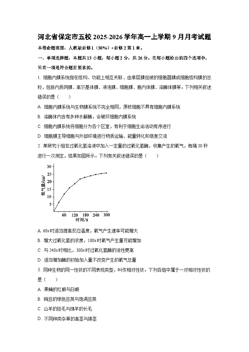河北省保定市五校2025-2026学年高一上学期9月月考生物试卷（学生版）第1页