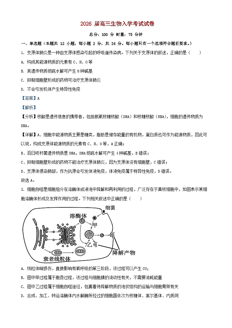 湖南省长沙市2025_2026学年高三生物上学期入学考试试卷含解析第1页