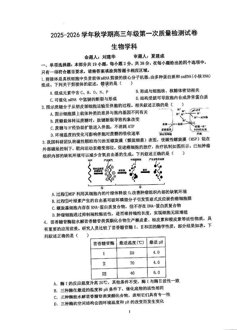 江苏省泰州市海陵区江苏省泰州中学2025-2026学年高三上学期10月月考生物试题第1页