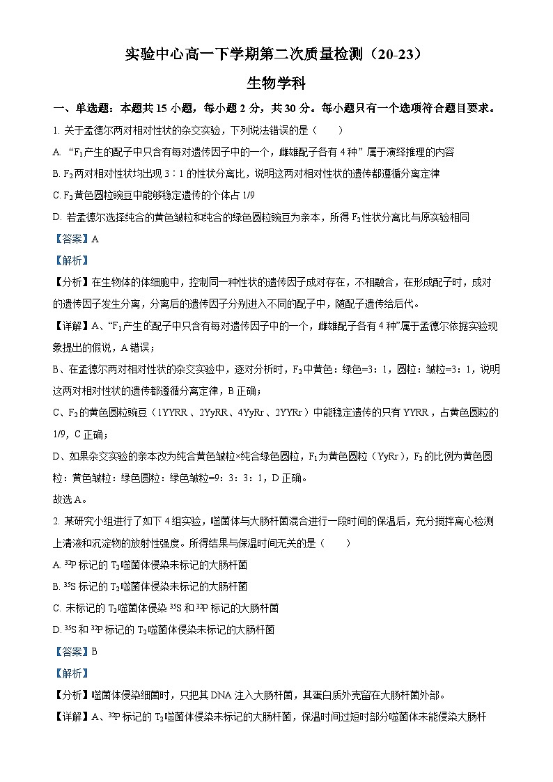 山东省滨州市惠民县第一中学2024-2025学年高一下学期5月月考生物试题（解析版）-A4第1页
