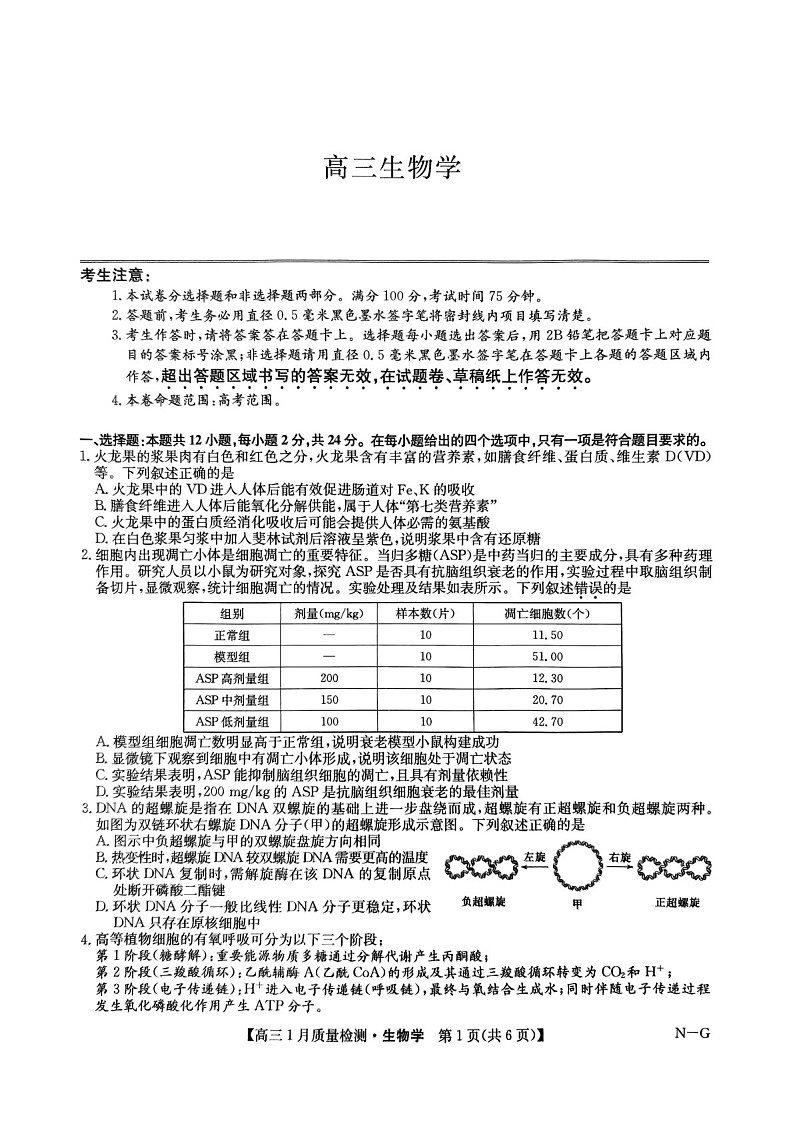 九师联盟2025届高三上学期1月质量检测-生物试卷（学生版）第1页