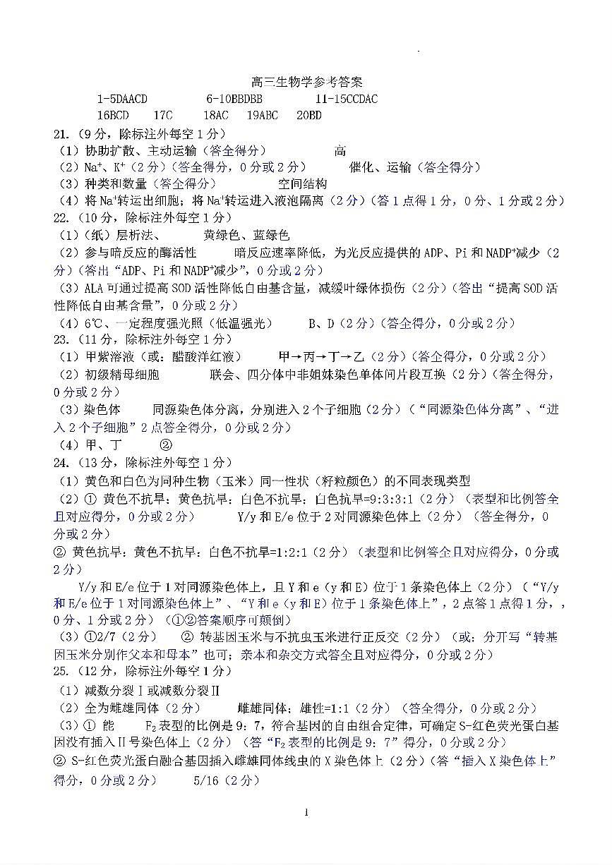 生物答案-山东名校考试联盟2025年10月高三年级阶段性检测第1页