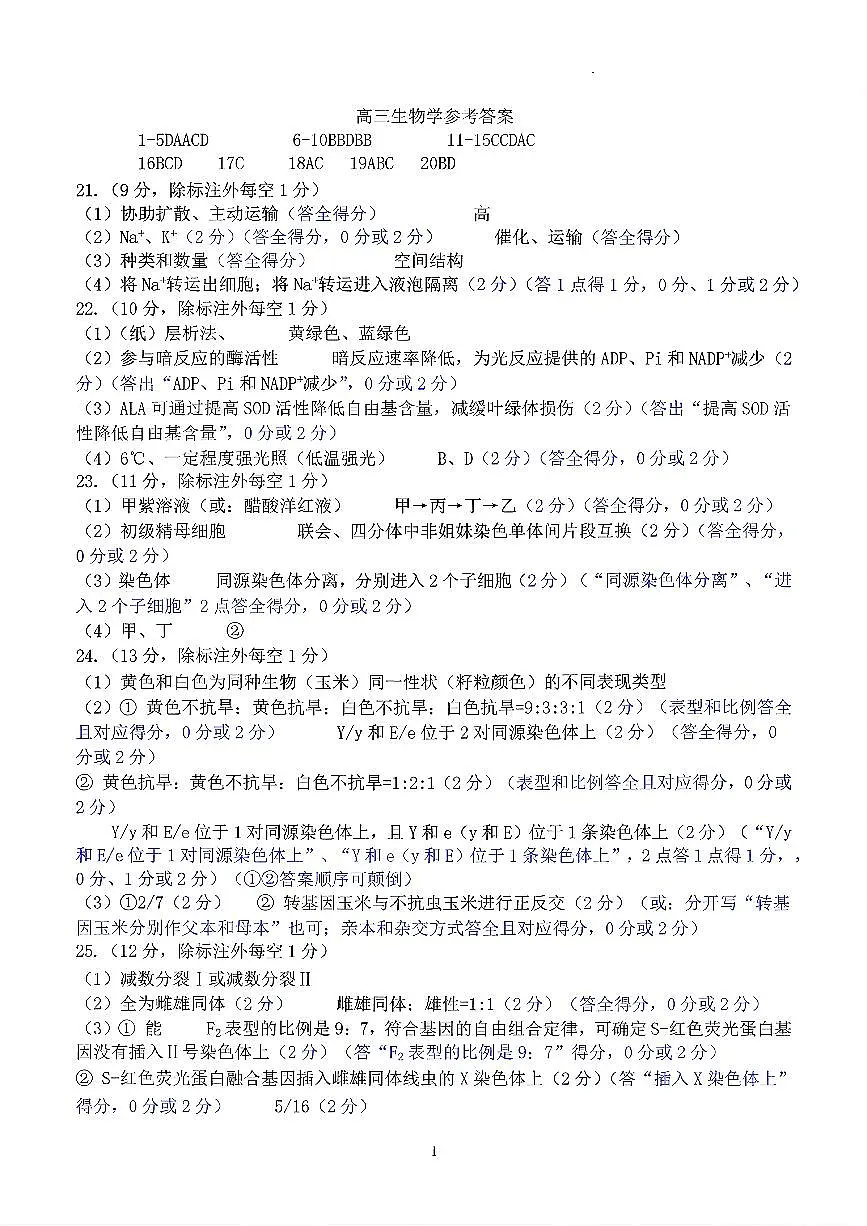 山东名校考试联盟2025年10月高三年级阶段性检测+生物答案第1页