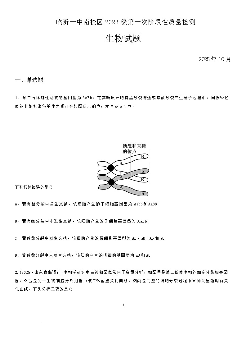 山东省临沂第一中学2026届高三上学期10月第一次阶段性质量检测生物试题（含答案）第1页