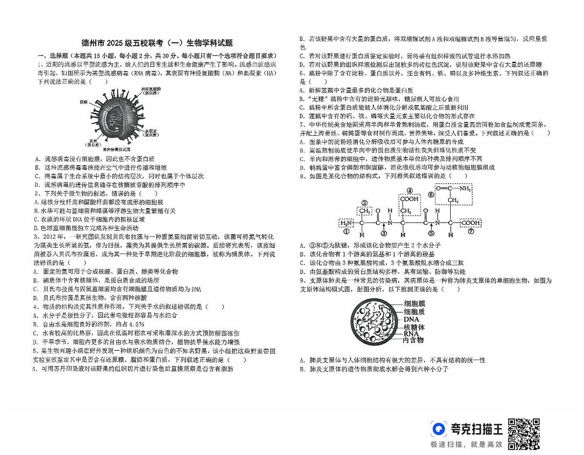 山东省德州市五校2025-2026学年高一上学期10月联考生物试题（无答案）第1页