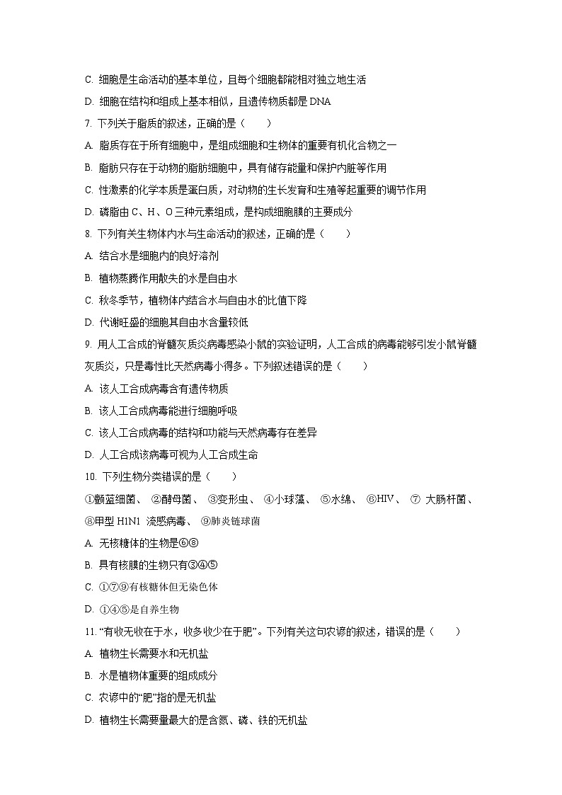 【生物】湖北省荆州市沙市区沙市中学2024-2025学年高一上学期9月月考试题（学生版）第2页