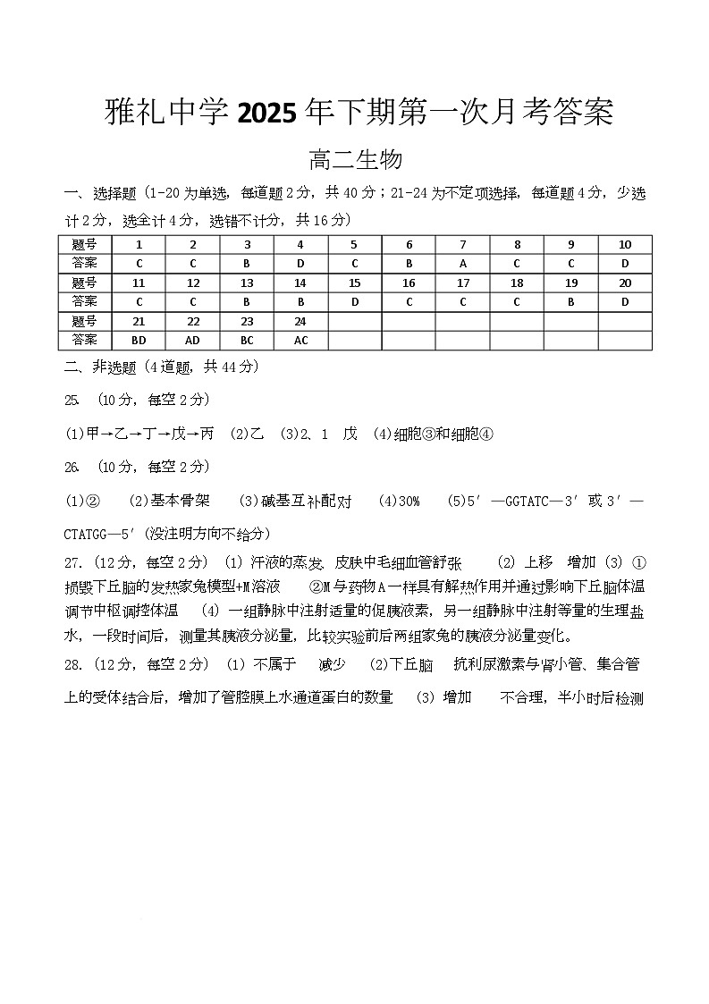 湖南省长沙市雅礼中学2025-2026学年高二上学期第一次（10月）质量检测 生物答案第1页