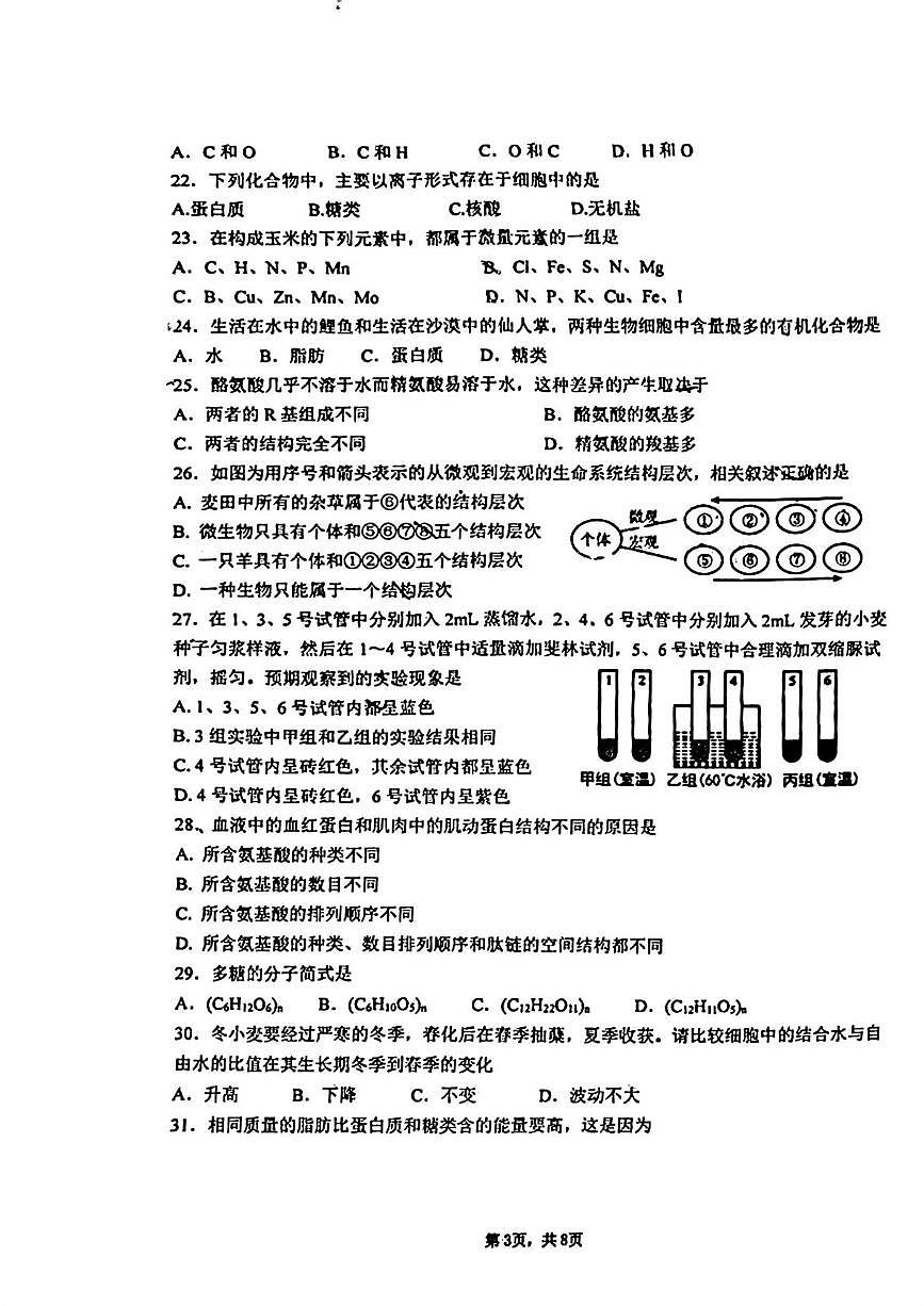 陕西省西安市雁塔区西交大附中2025-2026学年高一上学期第一次月考生物试题第3页