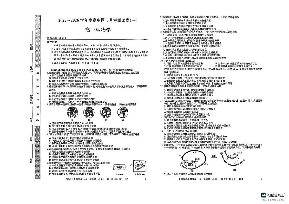 陕西省宝鸡市2025-2026学年高一上学期10月月考生物试题第1页