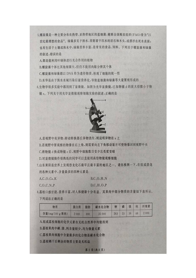 山东省临沂市临沭第一中学2025-2026学年高一上学期10月月考生物试题（无答案）第2页