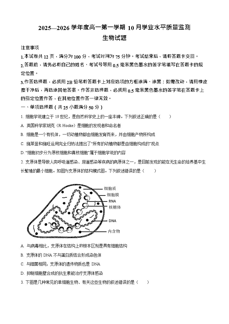 江苏省连云港市新海高级中学2025-2026学年高一上学期10月月考生物试卷第1页
