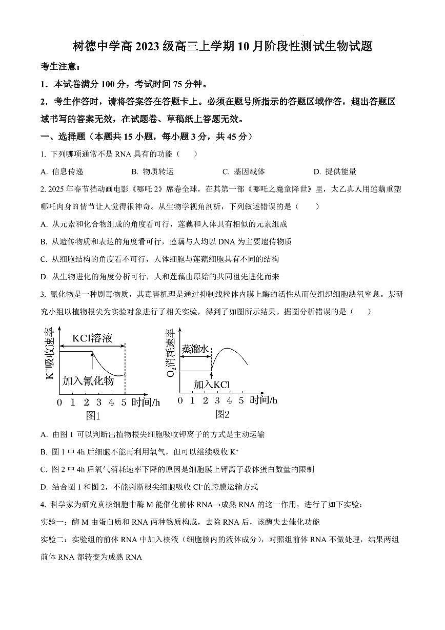 四川省成都市树德中学2026届高三上学期10月月考生物试题+答案第1页